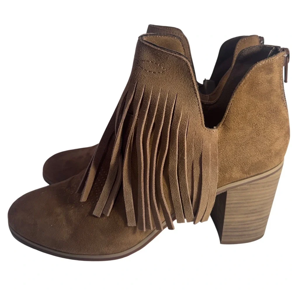 Ariat Brown Faux Suede Fringe‎ Western Ankle Boots Women 9.5 Block Heel Booties